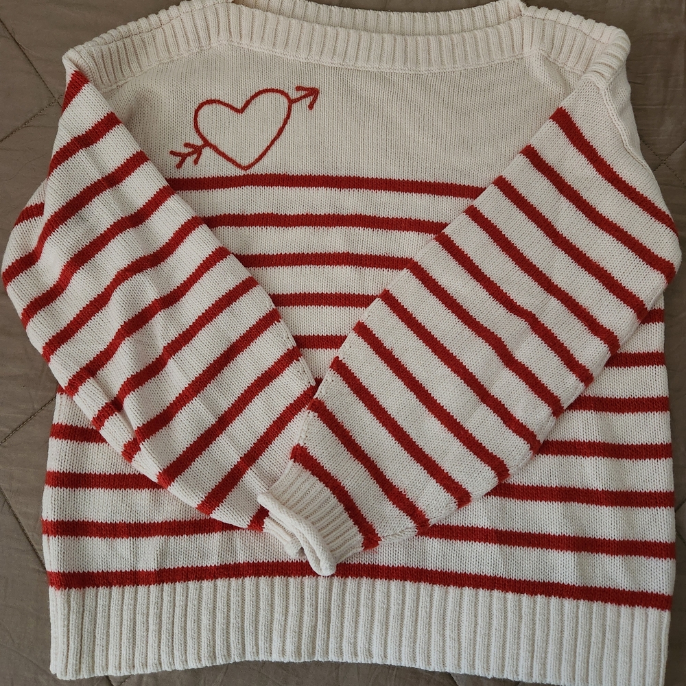 LOFT Red and White Striped Sweater with Heart Detail